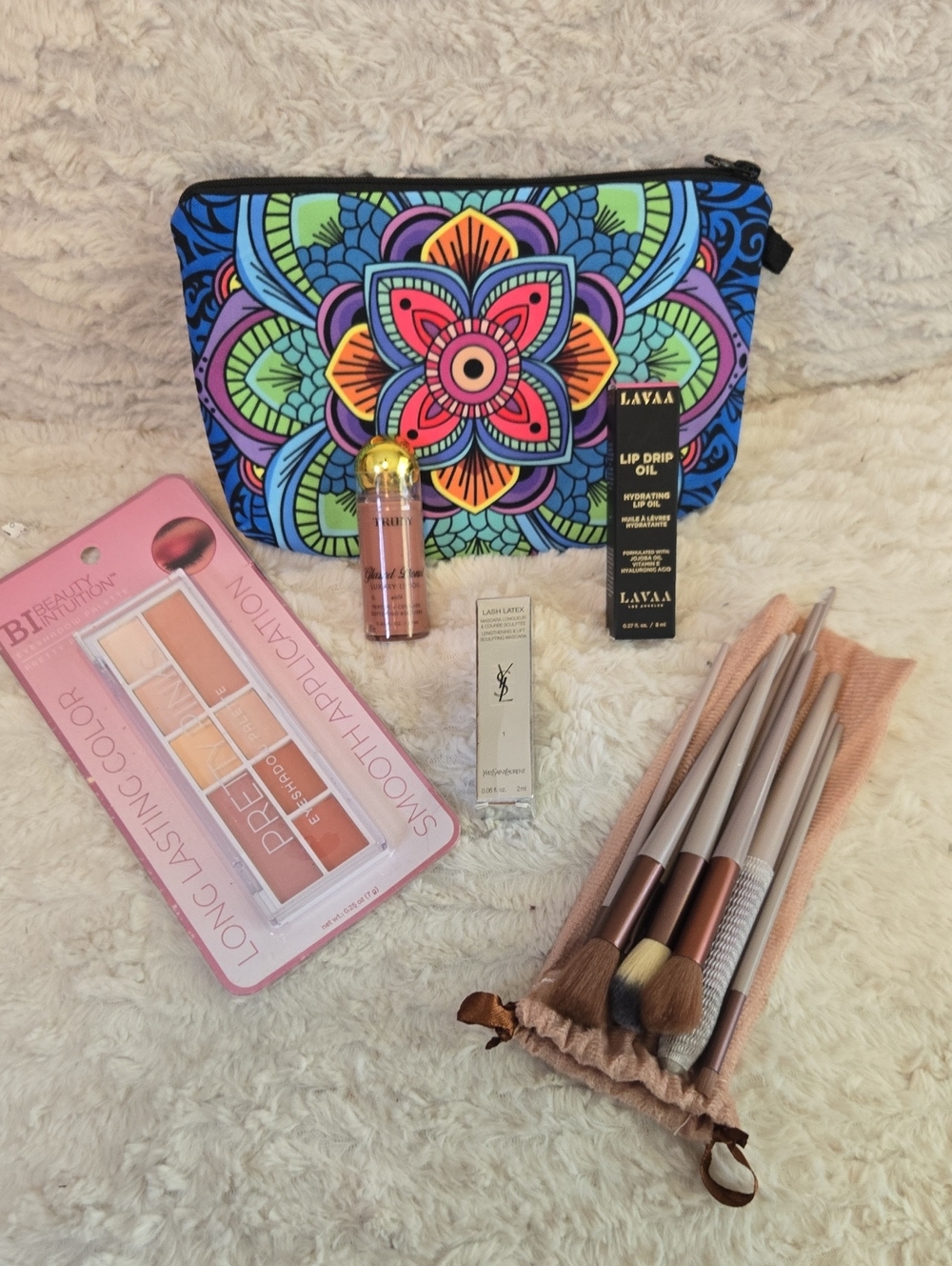 Colorful Floral Mosaic Cosmetic Pouch With Truly Lavaa Lip Gloss Makeup Brushes